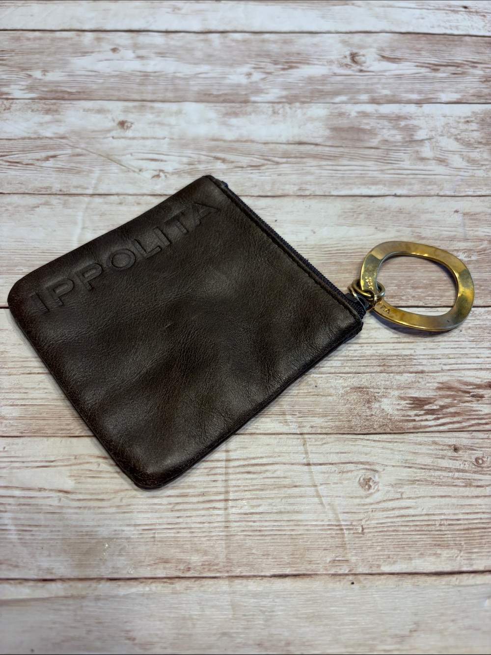 Ippolita Black Leather Zip Key Pouch with Gold Keyring
